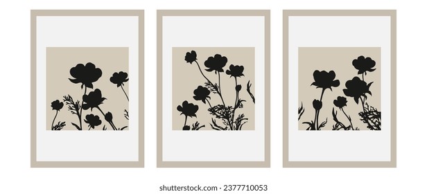 Set of vector art paintings in a minimalistic style. Boho poppies in a square frame in black. Collection for interior decoration, paintings, home, postcards.	