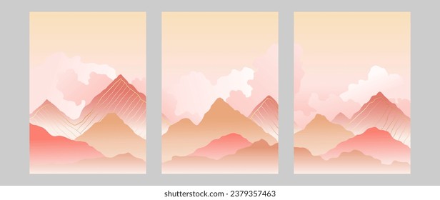Set of vector art paintings in pink colors. Luxurious hills, mountain landscape with clouds and golden line texture. Abstract wallpaper design for print, wall art and home decor.	