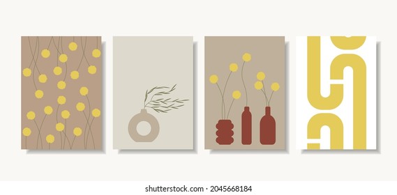 Set von Vektorgrafiken. Plakate für das Haus im Stil des Minimalismus, boho, hygge. Abstraktes Design, Pflanzen, Lüster für Drucke, Decken, Tapeten, minimalistische und natürliche Wandkunst. 