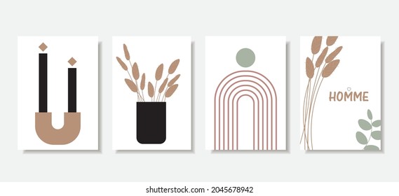 Set von Vektorgrafiken. Plakate für das Haus im Stil des Minimalismus, boho, hygge. Abstraktes Design, Pflanzen, Ohr, Kerze, Mann. Für Drucke, Decken, Tapeten, minimalistische und natürliche Tapeten.