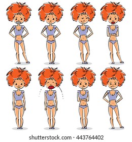 Set of vector art portraits of attractive young ladies, facial expression of red-head females with modern hairstyle. Collection of cartoon characters, different emotions and gestures.