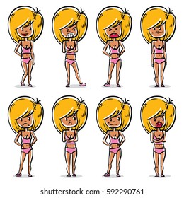 Set of vector art portraits of attractive young ladies, facial expression of blonde females with modern hairstyle. Collection of cartoon characters, different emotions and gestures.
