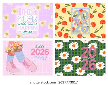 Set of vector art prints and posters themed around 2026. Features motivational quotes, cherry and daisy patterns, seasonal elements, and hand-drawn typography. Perfect for wall decor, planners