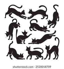 set of vector art silhouettes of cats on a white background
