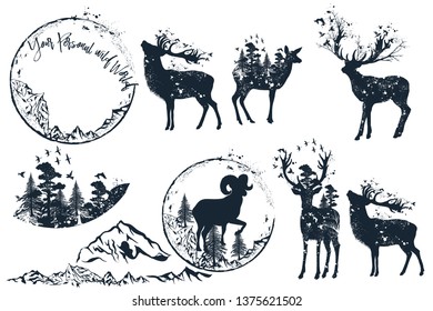 Set of vector artistic deer silhouettes for design, retro style