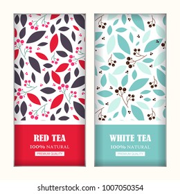 Set of vector arts for tea packages, labels or stickers. Background for red and white tea. Herbal, branches and leaves illustration, simple flat style. Red, blue, grey colors