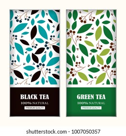 Set Of Vector Arts For Tea Packages, Labels Or Stickers. Background For Black And Green Tea. Herbal, Branches And Leaves Illustration, Simple Flat Style. Blue, Green, Black Colors