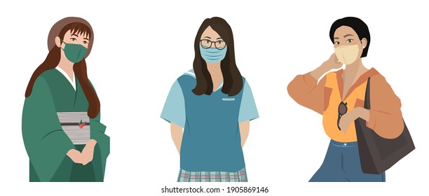 A set of vector asian girls with masks on their faces. Pictures of beautiful girls of different nationalities and with different skin tone with face masks. Girls of different professions 