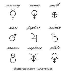 Set of vector astrological signs of planets. Astrology, astronomy. Mystery science.