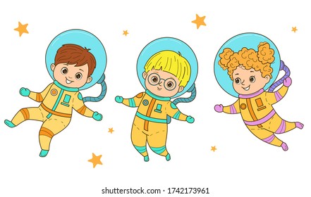 Set of vector astronaut kids.Girls and boys in astronaut costume flies. Line art design.Isolated on white background.Vector illustration