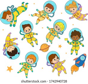 Set of vector astronaut kids.Girls and boys in astronaut costume flies. Line art design.Isolated on white background.Vector illustration