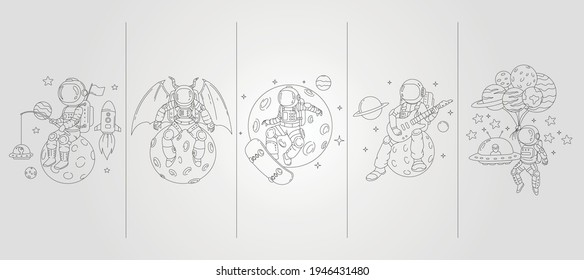 Set Of Vector Astronaut Line Art Background Illustration Template Design, Space Illustration Template Design