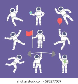 set vector astronauts in different poses. Flat icon astronauts