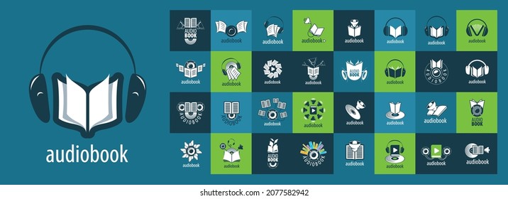 A set of vector audiobook logos on different colored backgrounds