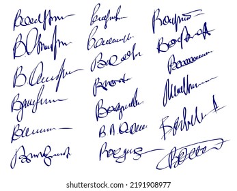 Set of vector autographs. A collection of handwriting stylized as signatures.