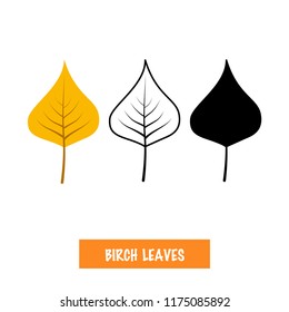 Set of vector autumn birch leaves on white background in simple flat style