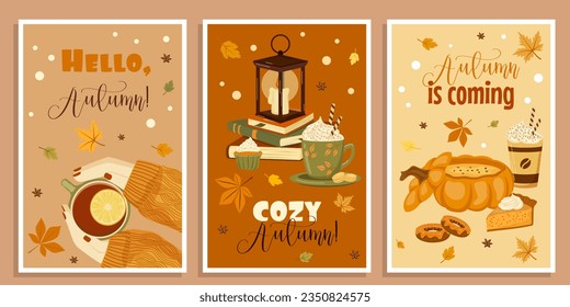Set of vector autumn cards, banners. Illustration concept of autumn mood, drinks and food.