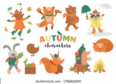 Set of vector autumn characters. Cute woodland animals collection. Fall season icons pack for prints, stickers.  Funny forest illustration of hedgehog, fox, bird, deer, rabbit, bear, squirrel