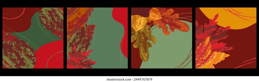 Set of vector autumn colourful posters with bright textures of maple oak leaves and acorns For atmospheric holiday cards, banners, autumn holiday templates. Hand painted, grunge style