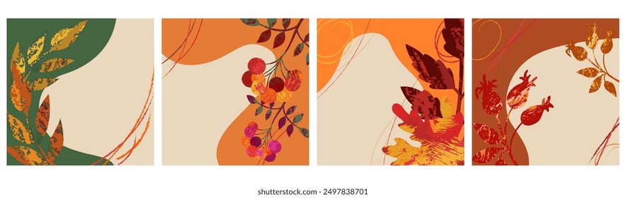 Conjunto de carteles coloridos de otoño de Vector con texturas brillantes de hojas de roble de arce bellotas y bayas de serbal Para tarjetas de vacaciones atmosféricas, Anuncios, Plantillas de vacaciones de otoño. Pintado a mano, estilo grunge