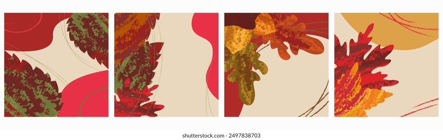 Set of vector autumn colourful posters with bright textures of maple oak leaves and acorns For atmospheric holiday cards, banners, autumn holiday templates. Hand painted, grunge style