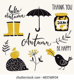 Set of vector autumn design elements and calligraphy. Be happy, hello autumn calligraphic text. Vector abstract design. Colored poster or card designed for  any kind of print media. Gold color. 