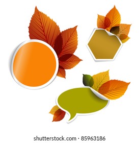 Set of vector autumn discount tickets, labels, stamps, stickers with colorful leafs