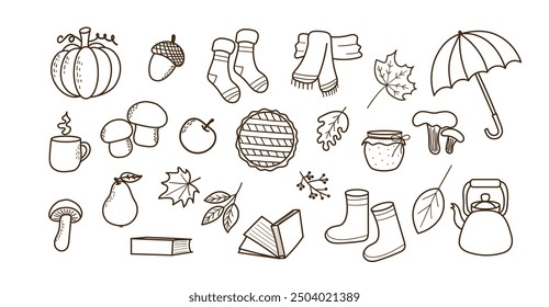 Conjunto de garabatos de otoño de Vector. Atributos lindos del otoño, Elementos acogedores del otoño. Bufanda, calcetines, taza de té, pastel, manzana, mermelada, calabaza, hojas, bayas, bellotas y champiñones. Ilustración vectorial, esbozo.