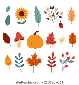 Set of vector autumn elements. Cozy autumn leaves, pumpkins, twigs, boots. A set of autumn icons.