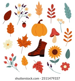 Set of vector autumn elements. Cozy autumn leaves, pumpkins, twigs, boots, flowers. A set of autumn icons.