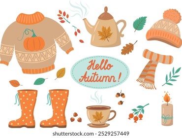 A set of vector autumn elements painted by hand: a hat, a sweater, a candle, falling leaves, a cup, a kettle, rubber boots. The concept of a seasonal poster, postcards, invitations, stickers