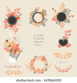 Set of vector autumn floral elements from flowers and leaves for banner or flyer design. Autumn logos in pastel colors.