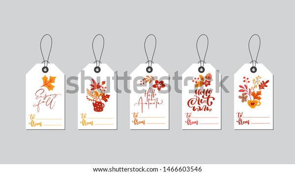 Set of vector autumn gift box tags with fall\
calligraphy. Hand drawn doodle vector illustration for Thanksgiving\
decor. Flat design