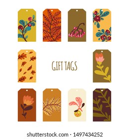 set of vector autumn gift tags. printable design seasonal gift labels. isolated image. floral and fall leaves decor.