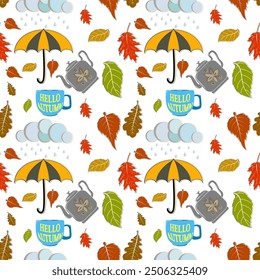 Un conjunto de iconos de otoño de Vector paraguas, taza, tetera, hojas, nube, lluvia.