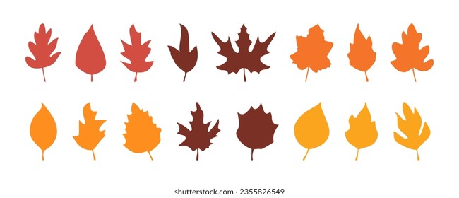 Set of vector autumn leaves, herbal elements. Collection of fall simple orange leaves. Orange silhouettes of autumn botanical flat isolated leaves for design. Can be used as sign, symbol, icon or logo