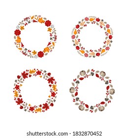 Set of vector autumn round wreaths with place for text. Collection of frames with leaves, acorts and berries for Happy Thanksgiving Day. Template illustration for print, greeting card.