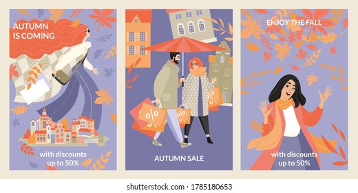 Set of vector autumn sale banners with happy people on cityscape background. Enjoy the fall with discounts. Illustration with cute characters in flat style