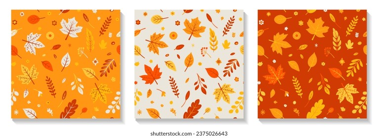 Set of vector autumn seamless pattern with falling leaves. Botanical repeating texture with foliage elements for the fall season. Autumn foliage print. Natural background. Maple, oak and berries.