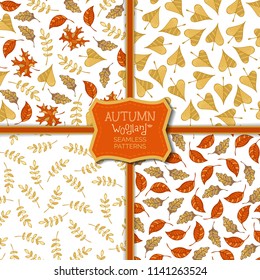 Set of vector autumn seamless patterns. Cartoon maple, oak, rowan, ash and linden leaves on white background. Fall boundless background. Tileable elements.