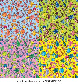 Set of vector autumn seamless patterns with mushrooms, leaves, acorns and berries