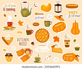 Set of vector autumn stickers. Elements for baneps. postcards, images. The concept of autumn, comfort, food.