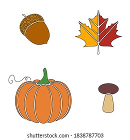 Set of vector in autumn style. Pumpkin, maple leaf, mushroom, acorn. Vector illustration 