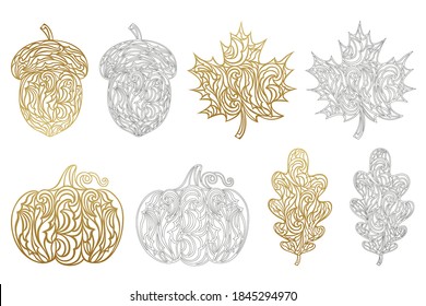 Set of vector autumn templates for laser and paper cutting. Silhouettes of pumpkin, maple and oak leaves, acorn. Thanksgiving Day. Decorative symbols for designs for the holidays. Isolated on white.
