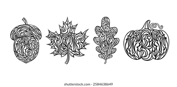 Set of vector autumn templates for laser and paper cutting. Black ornament silhouettes of pumpkin, maple and oak leave, acorn. Thanksgiving Day decorative symbols. Isolated on white.