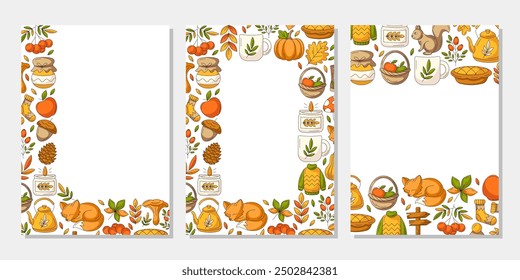 Set of vector autumn vertical a4 poster, space for text. Colorful upper, bottom, corner border frame with fall seasonal cozy elements. For card, banner, invitation, social media, festival or planner.