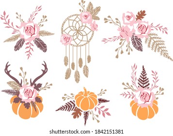 Set of vector autumn wedding boho bouquets for cards, invitation, greeting, poster, wedding decor. Pumpkins, roses, dreamcatcher, feathers, ferns, branches and leaves