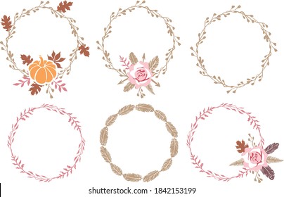 Set of vector autumn wedding boho wreaths in pastel colors for cards, invitation, greeting, poster, wedding decor with pumpkin, roses, feathers, branches and leaves