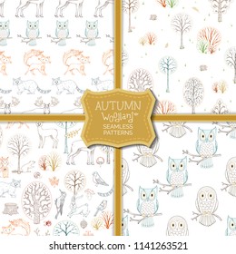 Set of vector autumn woodland seamless patterns. Cute outline wild animals and birds, autumn trees and bushes. Fox, moose, deer, bear, squirrel, raccoon, hedgehog and others. Tileable backgrounds.