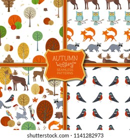 Set of vector autumn woodland seamless patterns. Cute wild animals and birds, autumn trees and bushes. Fox, moose, deer, bear, squirrel, raccoon, hedgehog, bullfinch and others. Tileable backgrounds.